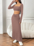 Women Autumn Winter Solid Color Casual Long Sleeve Square Neck Crop Top Fashion Fishtail Long Skirt Two Piece Set