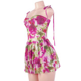 Summer Fashion Sleeveless Flower Print Strap Mesh Mini Dress