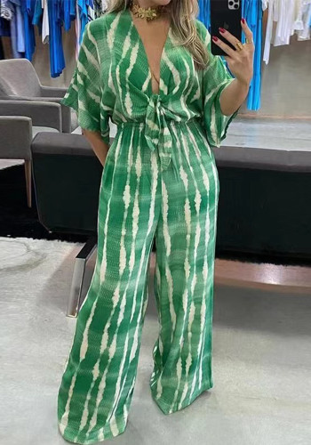 Fashionable Printed Belt V-Neck Half Sleeve Jumpsuit