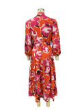 Autumn Women's Fashion Print Turndown Collar Long Sleeve Maxi Dress