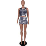 Sexy Women Spring Summer Fashion Print Slim Two Piece Mini Skirt Set