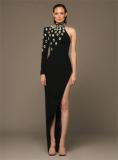 Luxury Party Rhinestone One-Shoulder Long-Sleeved Slit Bandage Dress