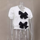 Women Spring V-neck Short Sleeve Bowknot Solid Sweater