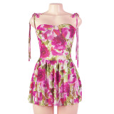 Summer Fashion Sleeveless Flower Print Strap Mesh Mini Dress