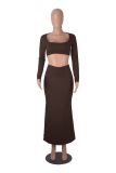 Women Autumn Winter Solid Color Casual Long Sleeve Square Neck Crop Top Fashion Fishtail Long Skirt Two Piece Set