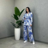 Women printed long-sleeved tie Top and Pant Casual two-piece set