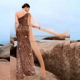 Women Sequined One-shoulder Slash Shoulder Formal Party Evening Dress