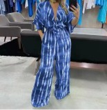 Fashionable Printed Belt V-Neck Half Sleeve Jumpsuit