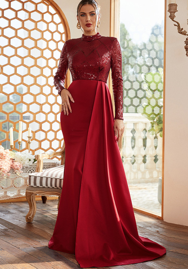 Chic Sexy Sequined Long Sleeve Round Neck Formal Party Evening Dress Bridesmaid Gown