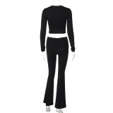 Women's Spring Long-Sleeved V-Neck Crop Top High Waist Trousers Casual Home Wear For Women