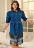 Plus Size Women Denim Turndown Collar Short Sleeve Tassel Dress