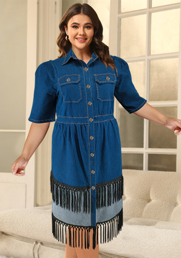 Plus Size Women Denim Turndown Collar Short Sleeve Tassel Dress