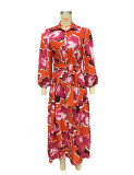 Autumn Women's Fashion Print Turndown Collar Long Sleeve Maxi Dress