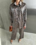 Fashion Casual Set Women Leopard Print Fall Women Long Sleeve Shirt Pants Two-Piece Set