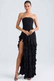 Summer Strapless Ruffle Solid Color Side Slit Chic Dress