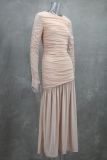 Women Elegant Sexy Round Neck Long Sleeve Pleated Solid Maxi Dress