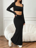 Women Autumn Winter Solid Color Casual Long Sleeve Square Neck Crop Top Fashion Fishtail Long Skirt Two Piece Set