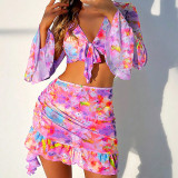 Fashion Print Beach Skirt Set Bikini Four-Piece Swimsuit For Women