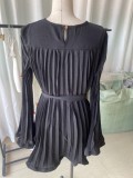 Women's Fashionable Loose Pleated Chic Women's Long Sleeve Casual Short Dress