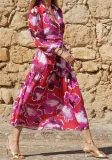 Autumn Women's Fashion Print Turndown Collar Long Sleeve Maxi Dress