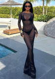 Summer Sexy Women's Slim Mesh See-Through Long-Sleeved Long Dress