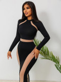 Fall Sexy See Through Mesh Patchwork Long Sleeve Slim Nightclub Long Dress