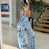 Women Summer Print Halter Neck V Neck High Waist Low Back Wide Leg Jumpsuit