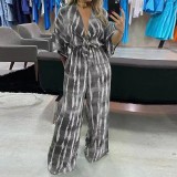 Fashionable Printed Belt V-Neck Half Sleeve Jumpsuit