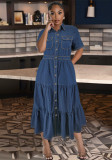 Plus Size Women Turndown Collar Button Pocket Short Sleeve Denim Long Dress