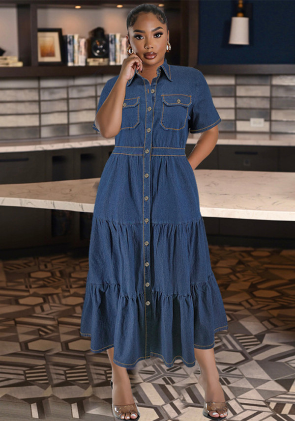 Plus Size Women Turndown Collar Button Pocket Short Sleeve Denim Long Dress