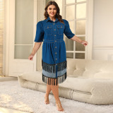 Plus Size Women Denim Turndown Collar Short Sleeve Tassel Dress