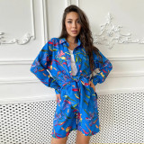 Fall Women Print Long Sleeve Shirt Shorts Women Two-Piece Set