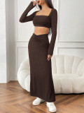 Women Autumn Winter Solid Color Casual Long Sleeve Square Neck Crop Top Fashion Fishtail Long Skirt Two Piece Set