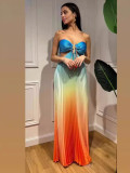 Women Style Summer Gradient Halter Neck Pleated Maxi Dress