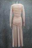 Women Elegant Sexy Round Neck Long Sleeve Pleated Solid Maxi Dress