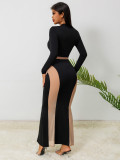 Fall Sexy See Through Mesh Patchwork Long Sleeve Slim Nightclub Long Dress