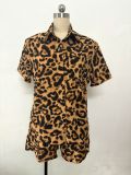 Women Leopard Print Short Sleeve Shirt Shorts Summer Two-Piece Set