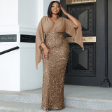 Plus Size Chic Sexy Sequined V-Neck Long Sleeve Formal Party Evening Dress Bridesmaid Dress For Women