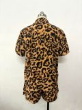 Women Leopard Print Short Sleeve Shirt Shorts Summer Two-Piece Set