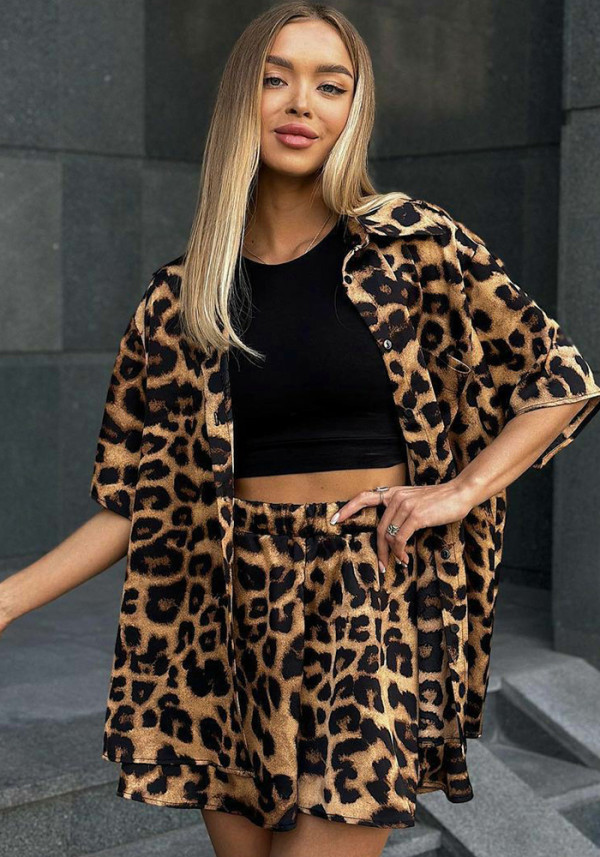 Women Leopard Print Short Sleeve Shirt Shorts Summer Two-Piece Set