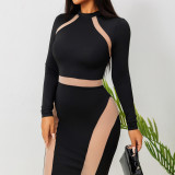 Fall Sexy See Through Mesh Patchwork Long Sleeve Slim Nightclub Long Dress