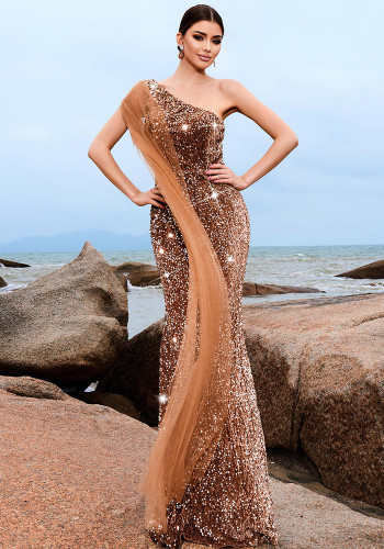 Women Sequined One-shoulder Slash Shoulder Formal Party Evening Dress