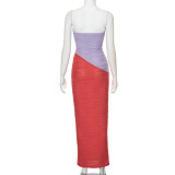 Women's Sexy Fashion Chic Tight Fitting Contrast Color Strapless Slim Long Dress