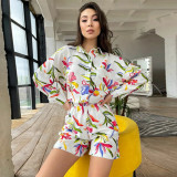 Fall Women Print Long Sleeve Shirt Shorts Women Two-Piece Set