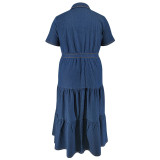 Plus Size Women Turndown Collar Button Pocket Short Sleeve Denim Long Dress