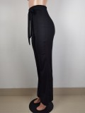 Autumn Winter Casual Fashion Slim Lace-Up Belt High Waist Women Pants