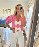 Women Spring V-neck Short Sleeve Bowknot Solid Sweater