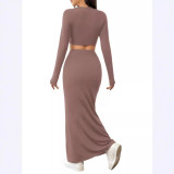 Women Autumn Winter Solid Color Casual Long Sleeve Square Neck Crop Top Fashion Fishtail Long Skirt Two Piece Set