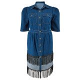 Plus Size Women Denim Turndown Collar Short Sleeve Tassel Dress