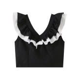 Women v-neck ruffled top and pant two-piece set